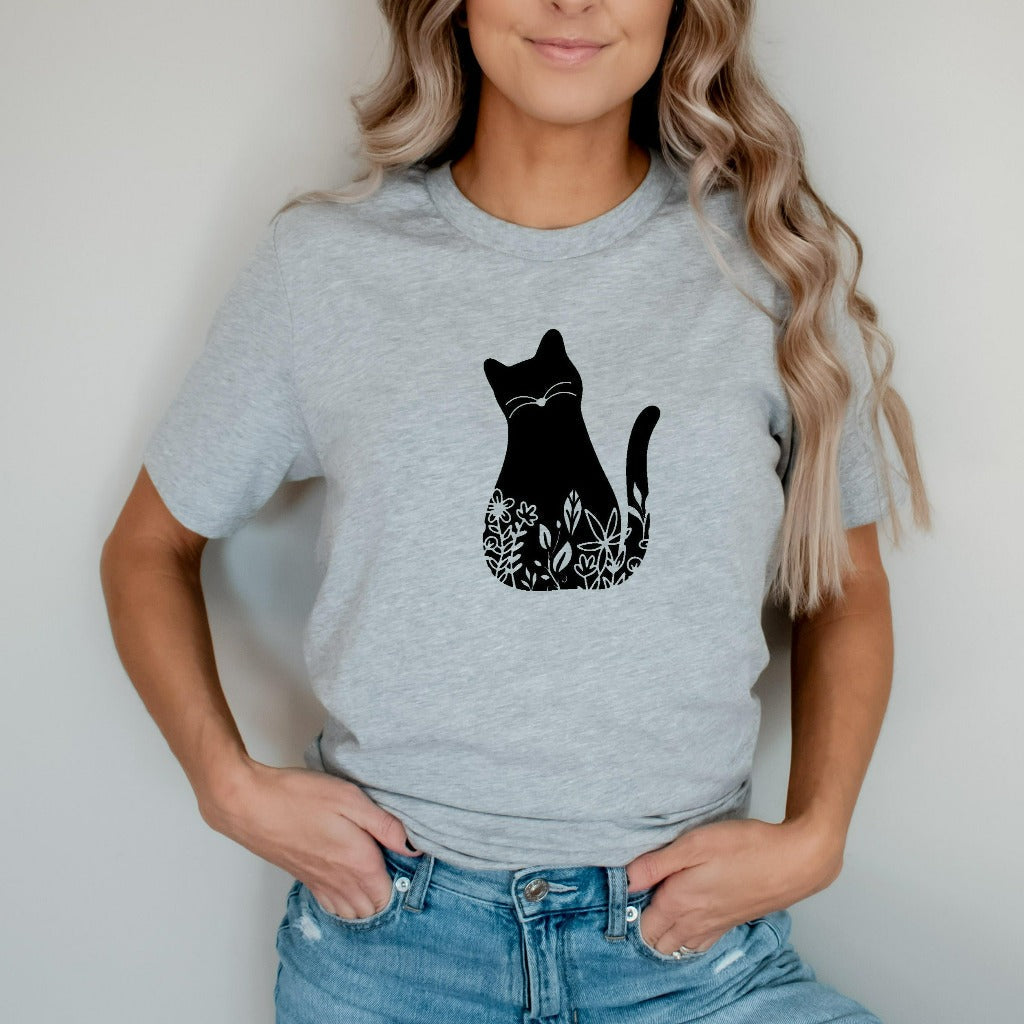 Cat Graphic Tee, Floral Cat Shirt, Cat Shirts for Women, Cute Cat Shirt, Cat Mom Shirt, Gift for Cat Lover