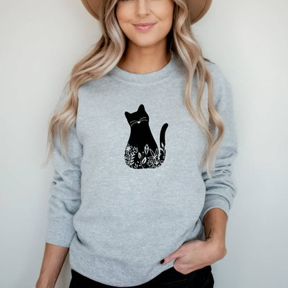 Floral Cat Crewneck Sweatshirt, Cat Shirts for Women, Cute Cat TShirt, Cat Mom Gift for Cat Lover