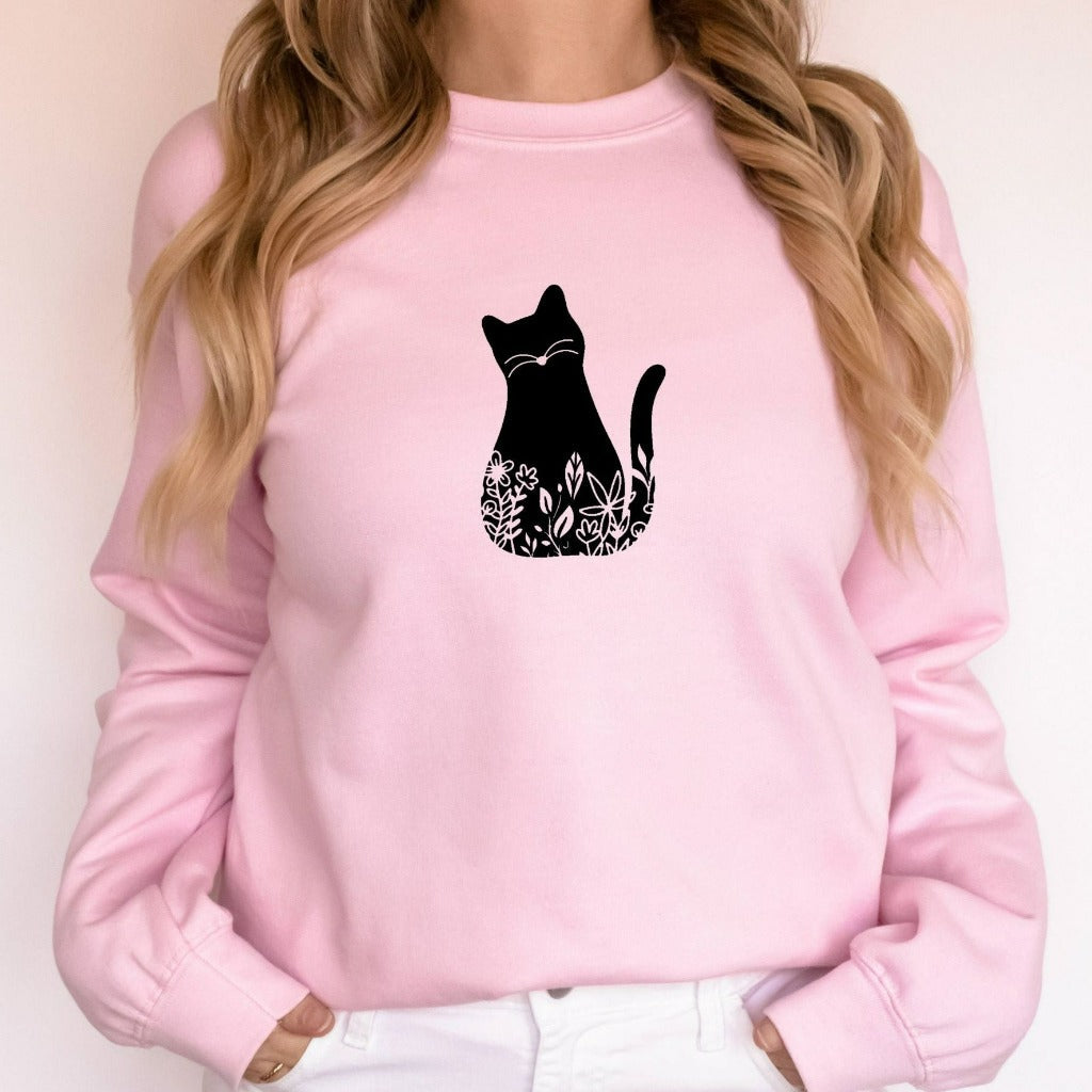 Floral Cat Crewneck Sweatshirt, Cat Shirts for Women, Cute Cat TShirt, Cat Mom Gift for Cat Lover
